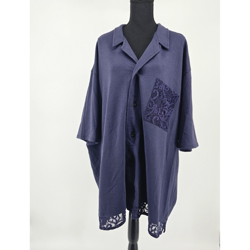 Savage X Fenty Navy Blue Lace Trim Button Down Pajama Nightshirt Dress NWT XXXL